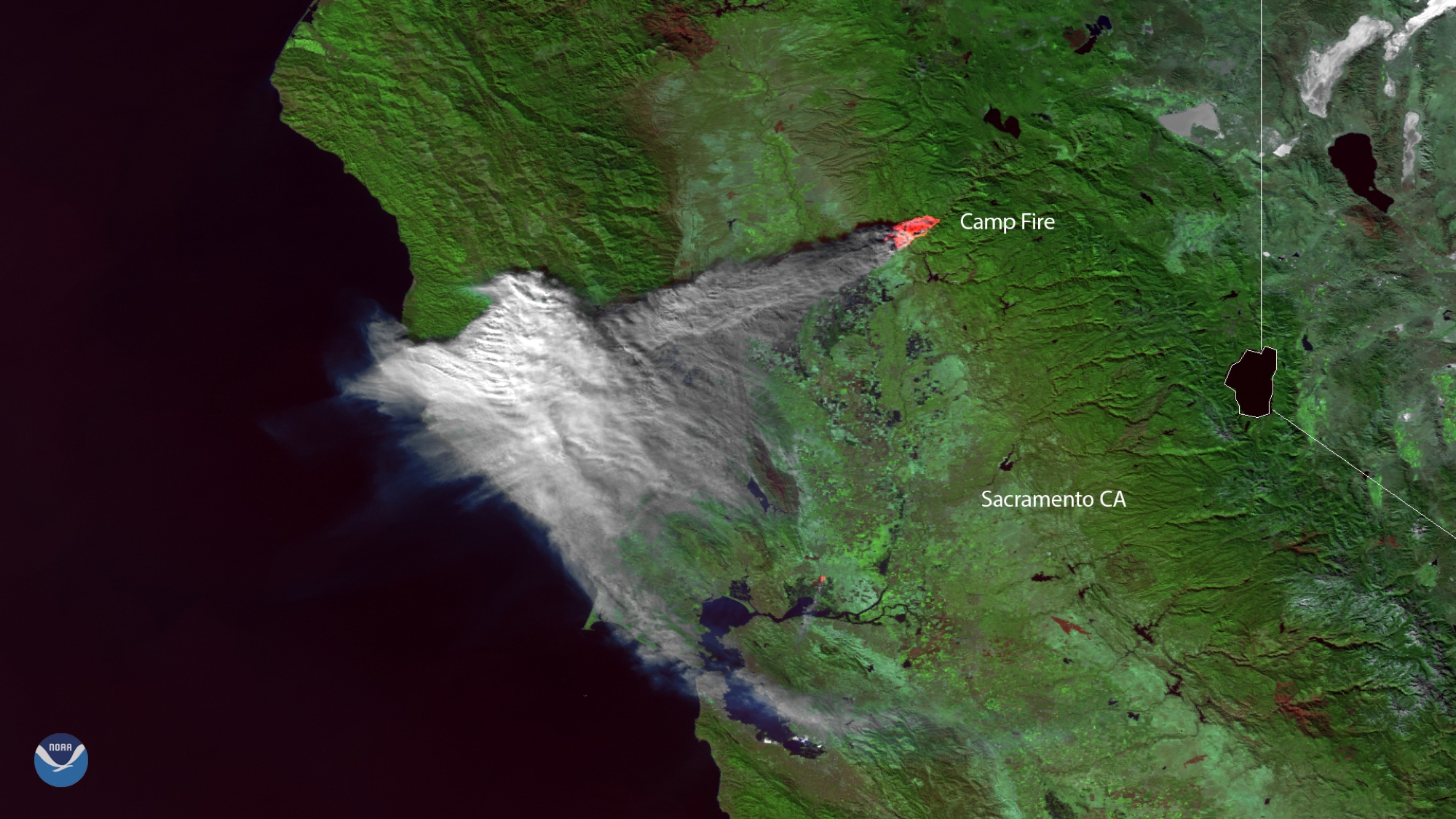 NOAA satellite image labeling the location of the Camp Fire
